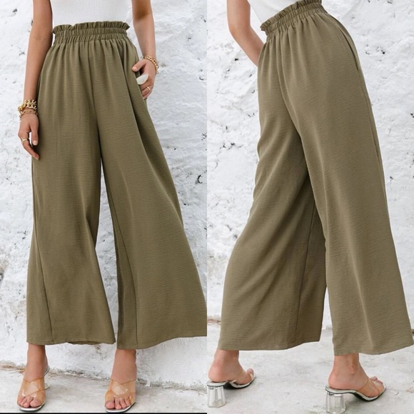 High waisted flared wide leg cropped pants shirred boho khaki tan - Picture 5 of 6